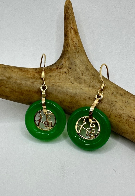 Vintage Gold Jade Earrings | Lucky Emerald Green F