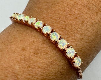 Vintage Fire Opal Tennis Bracelet: Rose Gold Sterling Silver, Adjustable