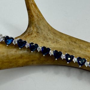 Vintage Sterling Silver Tennis Bracelet: Heart Sapphire & CZ Crystals