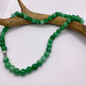 Vintage Green Jade Deco Beaded Necklace - Silver Bronze