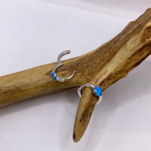Tiny Silver Earrings | Mini Blue Fire Opal Gemstone | 925 Sterling Silver Dainty Dangle Hoop Loop Huggie Earrings | Everyday Something Blue