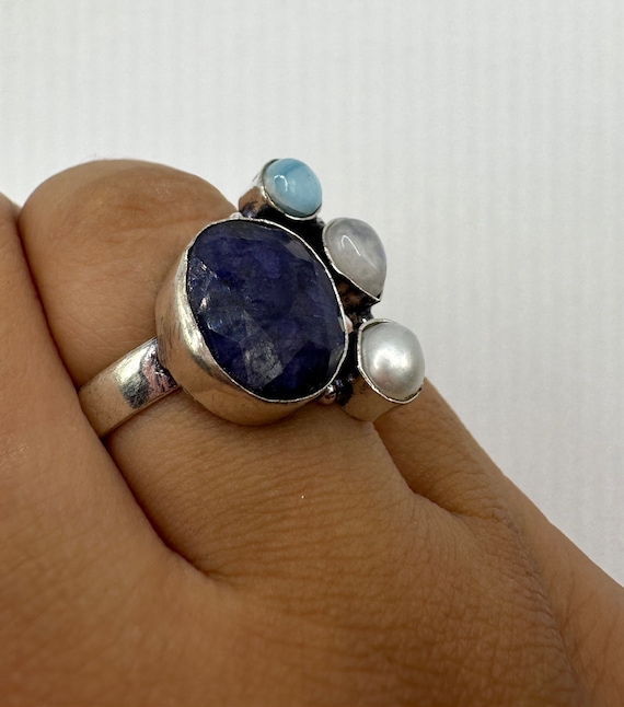 Vintage Raw Blue Sapphire Rainbow Moonstone Ring … - image 3