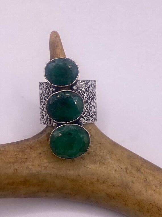 Vintage Green Emerald Boho Cocktail Ring Silver B… - image 3