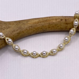Vintage Tennis Bracelet | Pearl Crystal Diamond Cubic Zirconia Set in Golden 925 Sterling Silver | Elegant Everyday