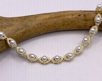 Vintage Pearl Tennis Bracelet: Cubic Zirconia, 925 Sterling Silver