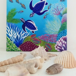 Original Hand Painted Piece Of Fine Art, Underwater Coral Home Decor Image, Baby Sea Turtle Square Painting, Acrylic On Canvas Handcraft zdjęcie 8