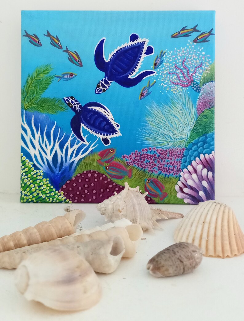 Original Hand Painted Piece Of Fine Art, Underwater Coral Home Decor Image, Baby Sea Turtle Square Painting, Acrylic On Canvas Handcraft zdjęcie 8