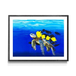 May include: A green sea turtle swims through blue water with a school of yellow fish following behind. The turtle has a green shell with black markings and a long neck. The fish are bright yellow with black eyes.