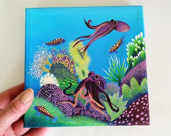 Original Hand Painted Piece Of Fine Art, Underwater Coral Home Decor Image,  Octopus Square Painting, Cuttlefish Acrylic On Canvas Handcraft