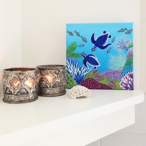 Original Hand Painted Piece Of Fine Art, Underwater Coral Home Decor Image, Baby Sea Turtle Square Painting, Acrylic On Canvas Handcraft zdjęcie 7