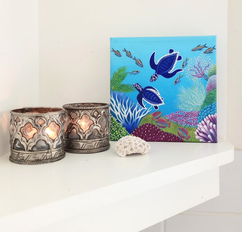 Original Hand Painted Piece Of Fine Art, Underwater Coral Home Decor Image, Baby Sea Turtle Square Painting, Acrylic On Canvas Handcraft zdjęcie 7