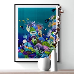 Hand Painted Original Fine Art Print, Marine Home Decor Image, Tropical Sea Coral Reef Rectangular Picture, Ocean Wildlife Wall Hanging