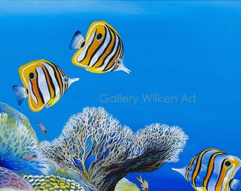 Hand Painted Original Fine Art Print, Underwater Home Decor Image, Tropical Sea Coral Rectangular Picture, Ocean Wildlife Fish Wall Hanging