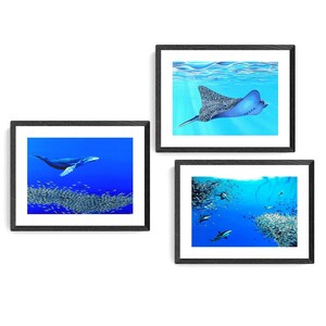 May include: Three framed art prints featuring marine life. One print shows a whale swimming above a school of fish. Another depicts a spotted ray. The third print shows fish and sharks in the ocean.