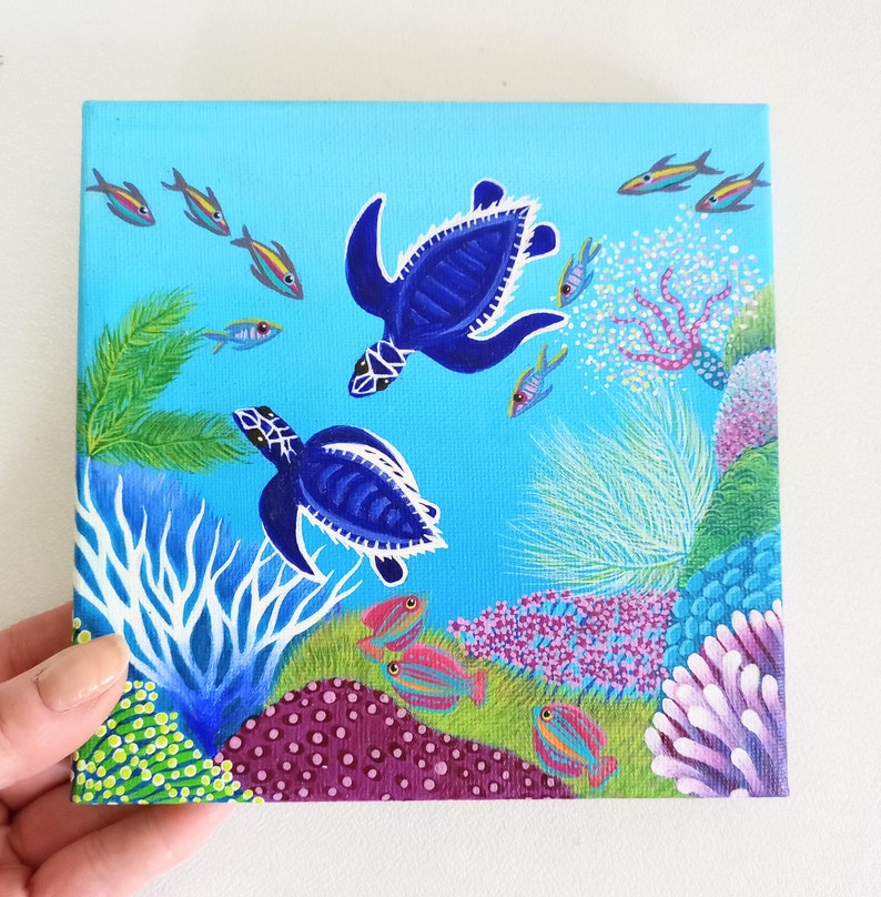 Original Hand Painted Piece Of Fine Art, Underwater Coral Home Decor Image, Baby Sea Turtle Square Painting, Acrylic On Canvas Handcraft zdjęcie 1