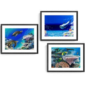 May include: Three framed prints depicting underwater scenes. The first print shows two sea turtles swimming in a blue ocean with coral reefs. The second print shows a dolphin swimming in a blue ocean with coral reefs. The third print shows a variety of colorful fish swimming around coral reefs.