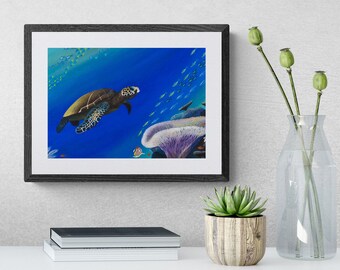 Hand Painted Original Fine Art Print, Underwater Home Decor Image, Tropical Sea Turtle Rectangular Picture, Blue Ocean Wildlife Wall Hanging