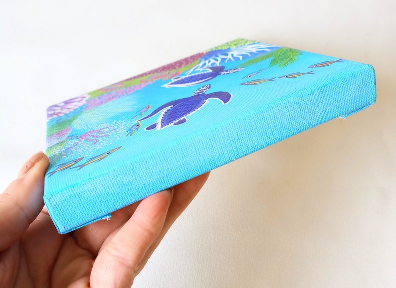 Original Hand Painted Piece Of Fine Art, Underwater Coral Home Decor Image, Baby Sea Turtle Square Painting, Acrylic On Canvas Handcraft zdjęcie 5