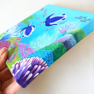 Original Hand Painted Piece Of Fine Art, Underwater Coral Home Decor Image, Baby Sea Turtle Square Painting, Acrylic On Canvas Handcraft zdjęcie 2
