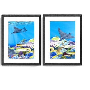 May include: Two framed paintings of a blue stingray swimming over a colorful coral reef. The stingray is black and white with a blue underside. The coral reef is a vibrant mix of pink, purple, yellow, and green.