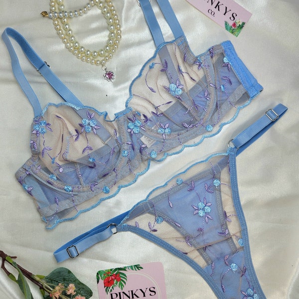 Azure Blossom Blue Fantasy Lingerie Set, Valentine's Day Gift, Flower Pattern, Mesh Bra and Panty Set, S-XL, Gift For Woman