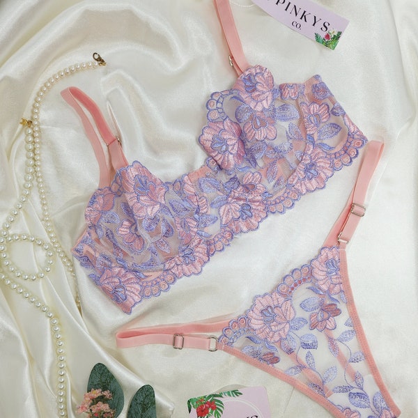 Fairy Blush Pink Embroidered Lingerie Set, Flower Pattern, Mesh Bra and Panty Set, S-XL, Gift For Woman, Gift For Wife