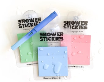 Shower Stickies: 50-Pack Waterproof Notes with Suction Cup + Pencil, Sticks to Wet & Dry Surfaces, Durable, Tear-Proof, 3x3 inch