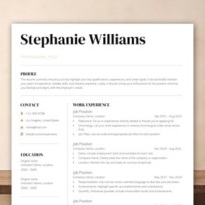Może przedstawiać: Czysty, nowoczesny szablon CV z imieniem i nazwiskiem "Stephanie Williams" na górze. Dokument zawiera sekcje dotyczące profilu, danych kontaktowych, wykształcenia i doświadczenia zawodowego. CV jest na białym tle z czarnym tekstem.