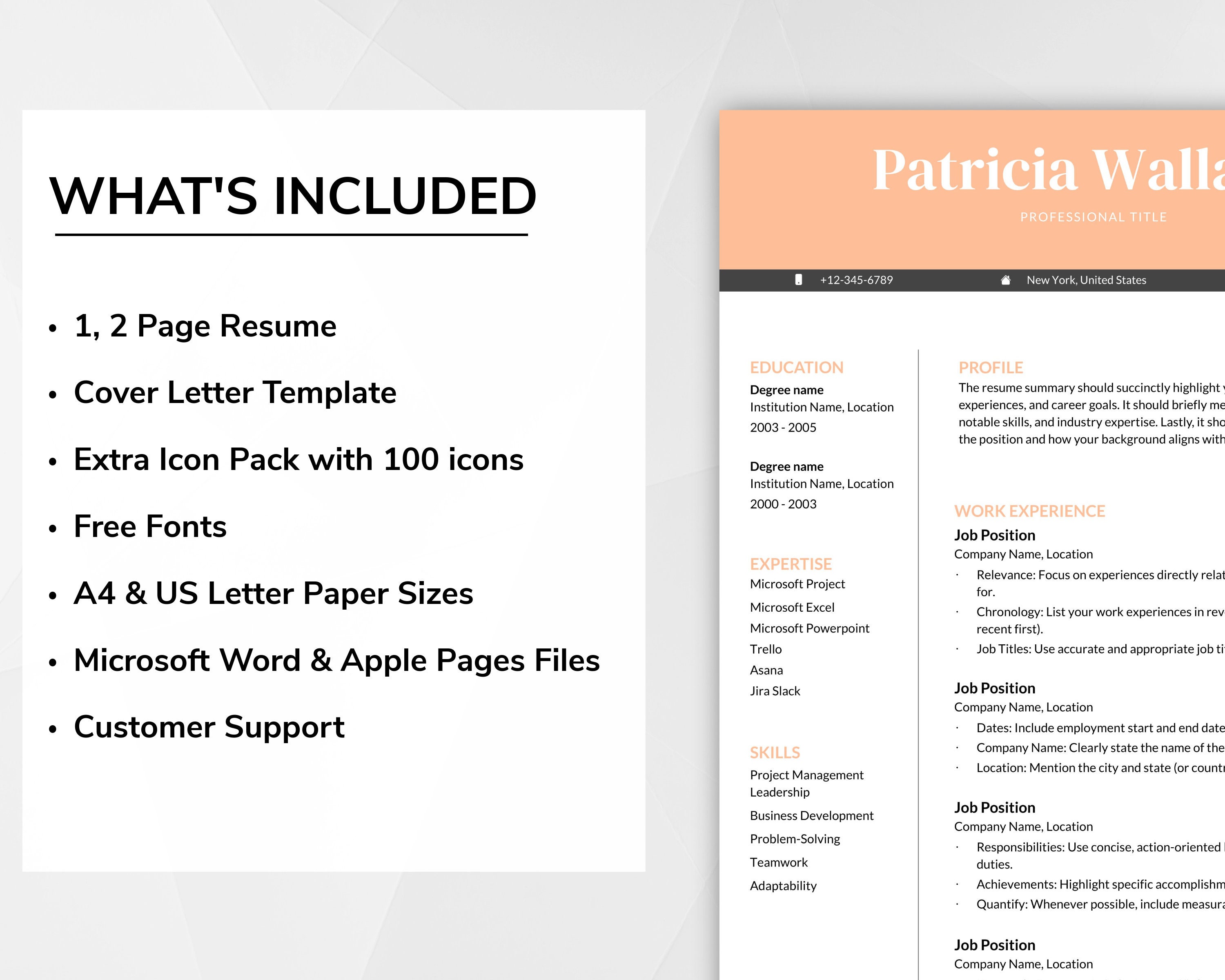ATS Friendly Resume CV Template for Word & Mac Pages Including Cover