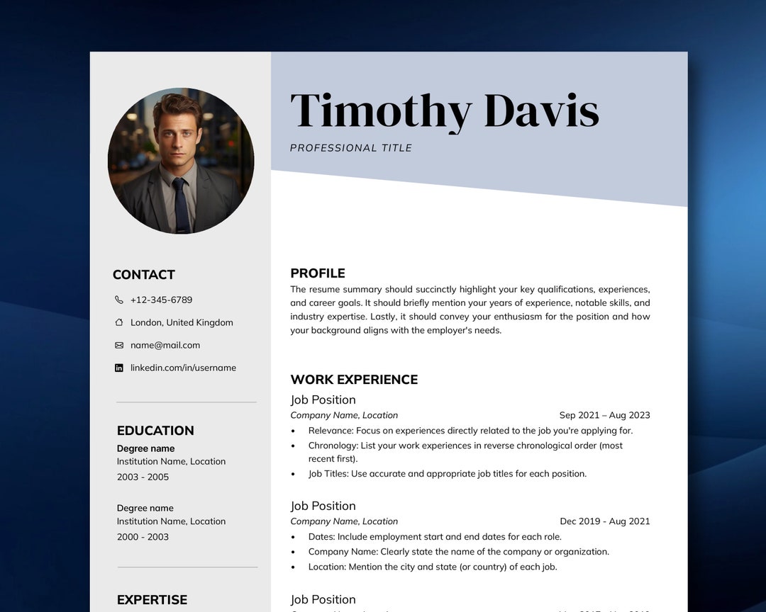 Professional Resume CV Template With Photo for Word \u0026 Mac Pages Including  Cover Letter | Instant Download | Package Includes Icons and Ebook - Etsy, image size:1080x864