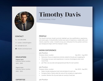 Professional Resume CV Template with photo for Word & Mac Pages including Cover Letter | Instant Download | Package includes icons and eBook