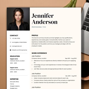 May include: A resume template with a professional headshot, contact information, education, work experience, and expertise sections. The template is designed to help job seekers create a visually appealing and informative resume.
