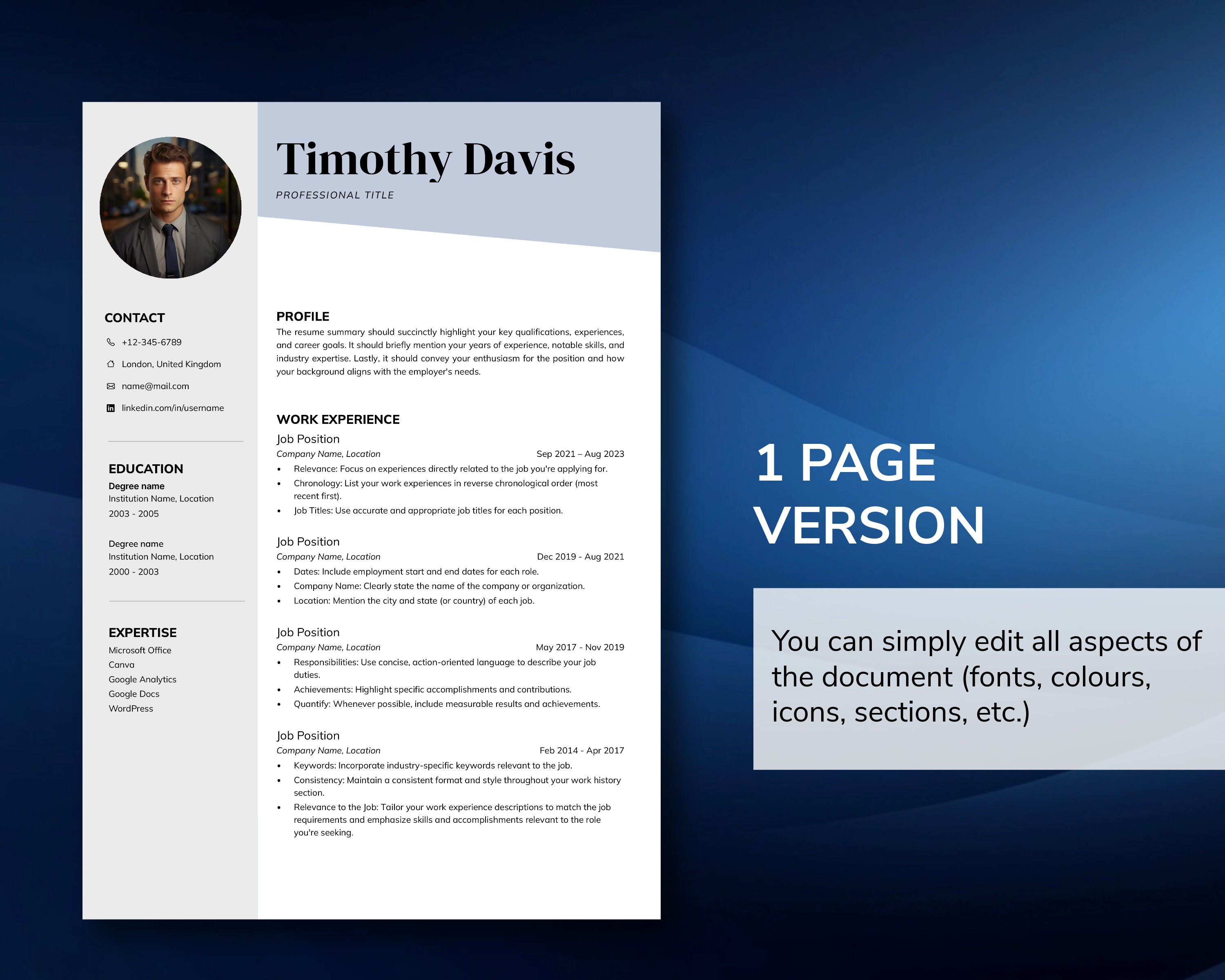 Professional Resume CV Template With Photo for Word & Mac Pages ...