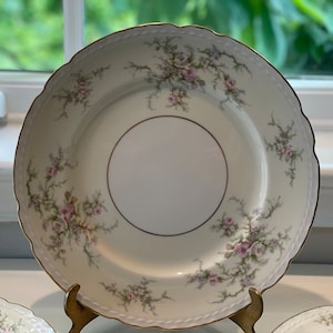 May include: A white porcelain dinner plate with a delicate floral pattern in shades of pink and green. The plate has a scalloped edge and a gold rim.