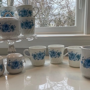 Corning Ware Blue Velvet Corelle Coordinates mugs, sugar bowl, creamer, salt and pepper shakers