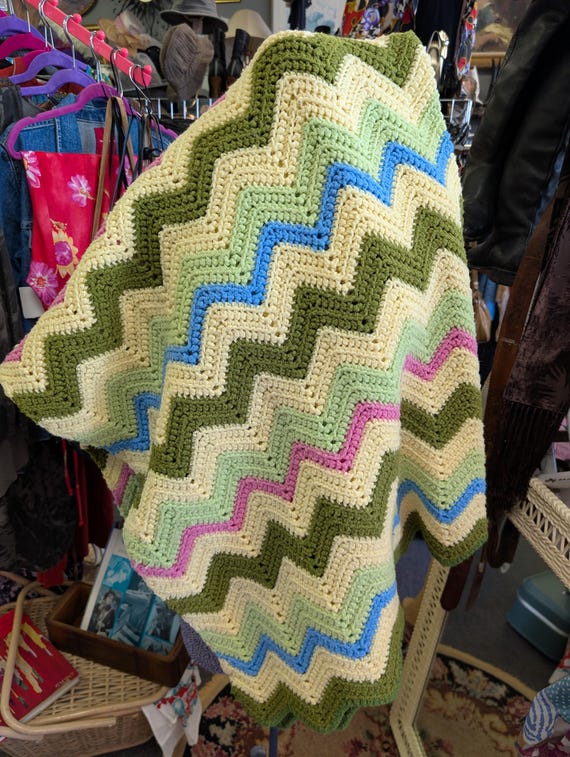 Vintage Chevron Crochet Blanket Throw Yellows Greens Pink Blue Afghan Zig Zag Home Decor Baby Blanket Pastels Retro