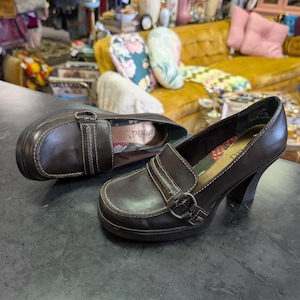 Brown Block Heel Loafer Pumps 90's Y2K Mudd Brown Leather Like
