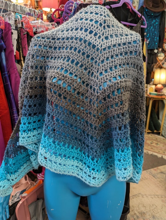 Handmade crochet blue hues shawl knitted ombre