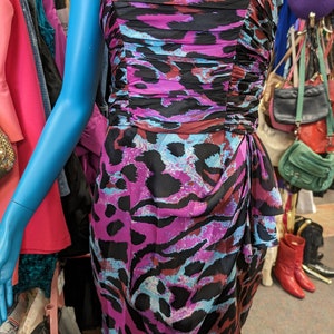 CACHE Silk Tube strapless dress animal print watercolor USA Made Size 8 Small Medium pink purple black lined ruched bodice back zip