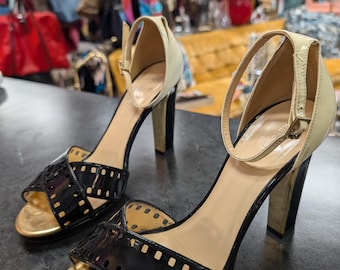 Kate Spade Block Heel Black Patent Leather Cream Peep Toe Platform Shoes Heels 8B