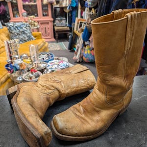 Vintage FRYE Men 10D Women 11 Moto Boots harness pull on camel brown square toe distressed well loved USA Shoes Footwear Cowboy Campus