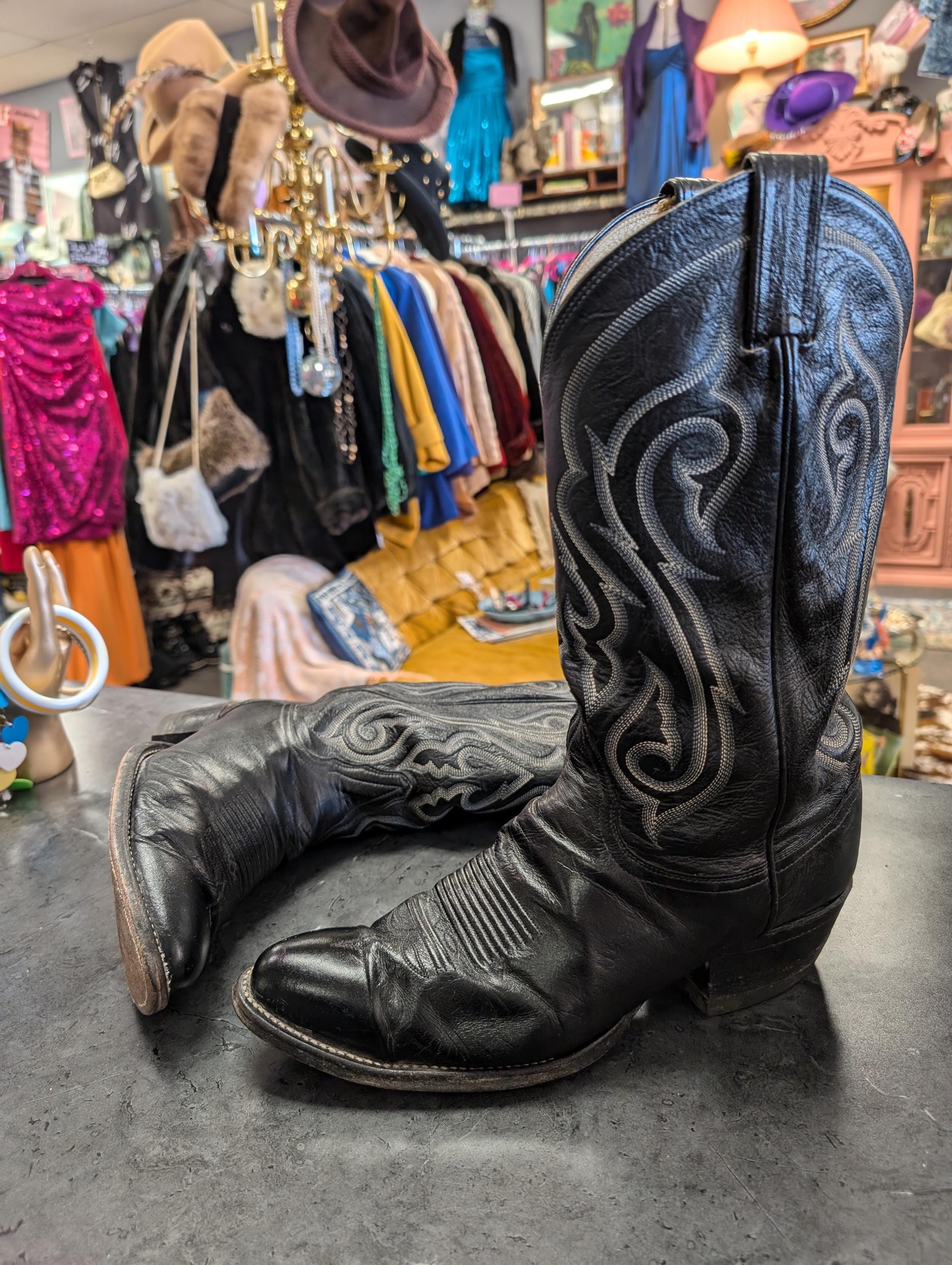 【vintage】Tony Lama Western Boots 刺繍 黒 1990 Vintage Tony Lama Men 9.5D Cowboy Boots Black Leather