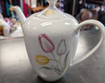 Vintage 1960 Arzberg German Made Germany Floral Tulip Pinks yellow Teapot Coffee Ceramic