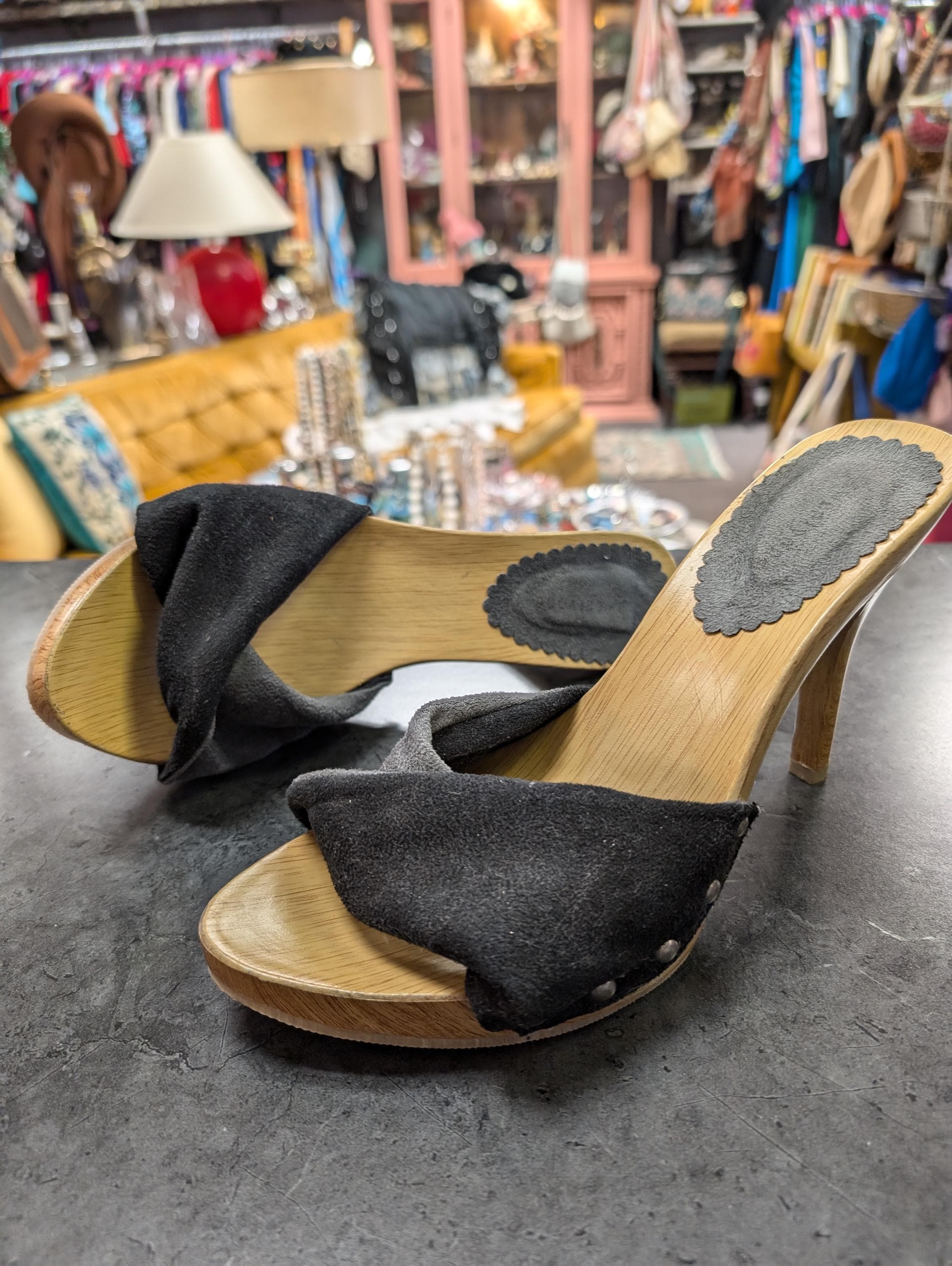 Wooden Stiletto Gray Black Suede Like Twist Slip on Y2K Shoes - Main Image