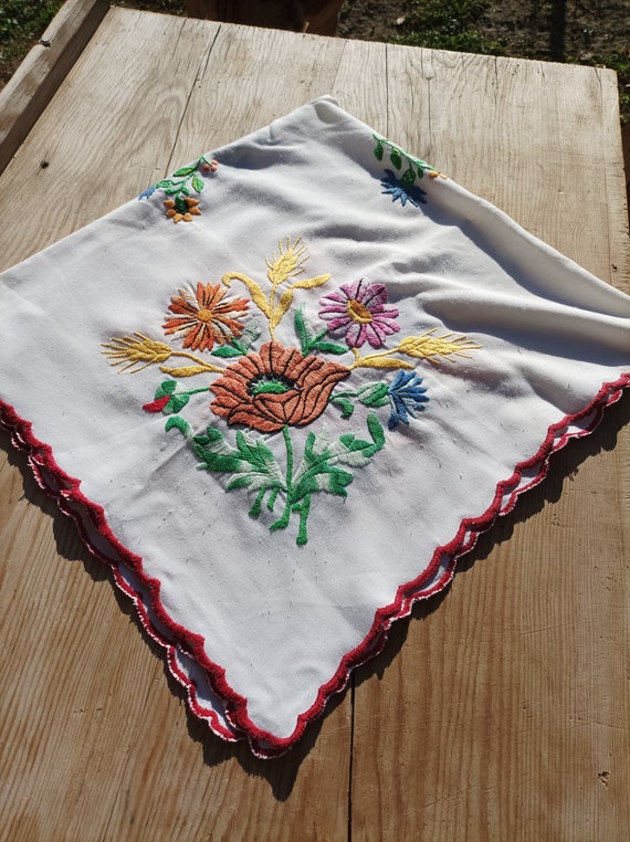 Antique Hungarian Embroidered Canvas Centerpiece: Folk Floral