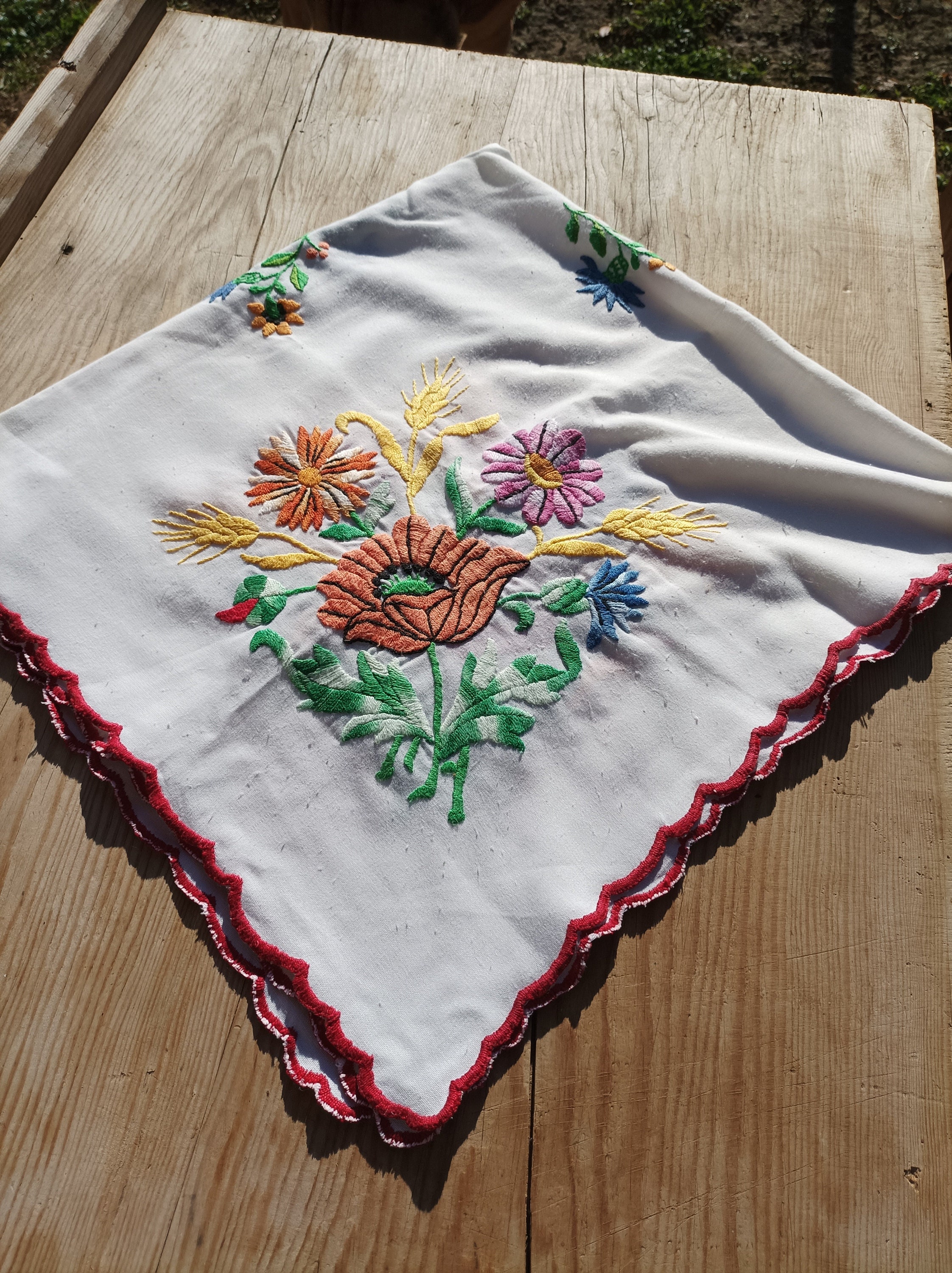 Antique Hungarian Embroidered Canvas Centerpiece: Folk Floral