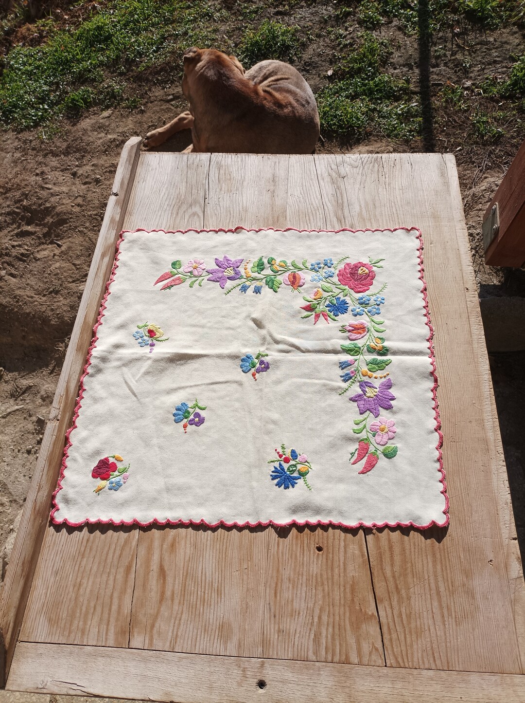 Vintage Hungarian Embroidered Tablecloth: Folk Art Floral