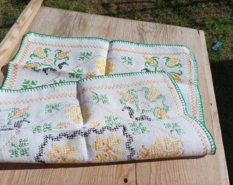 Vintage Hungarian Cross Stitch Tablecloth: 1970s Folk Art Table