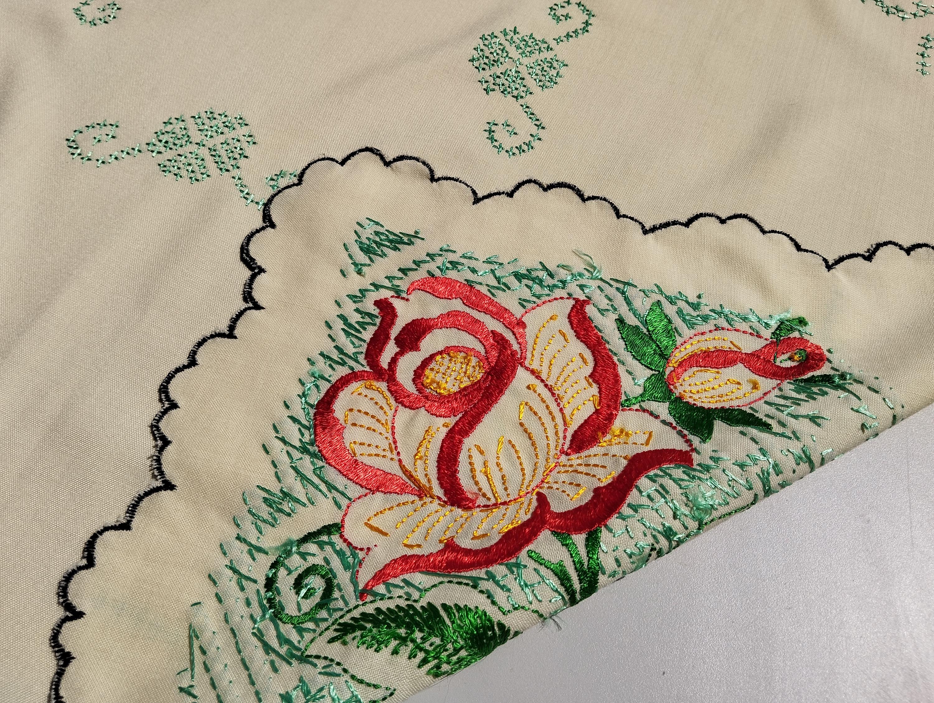 Antique Hungarian Embroidered Tablecloth: Folk Art Floral