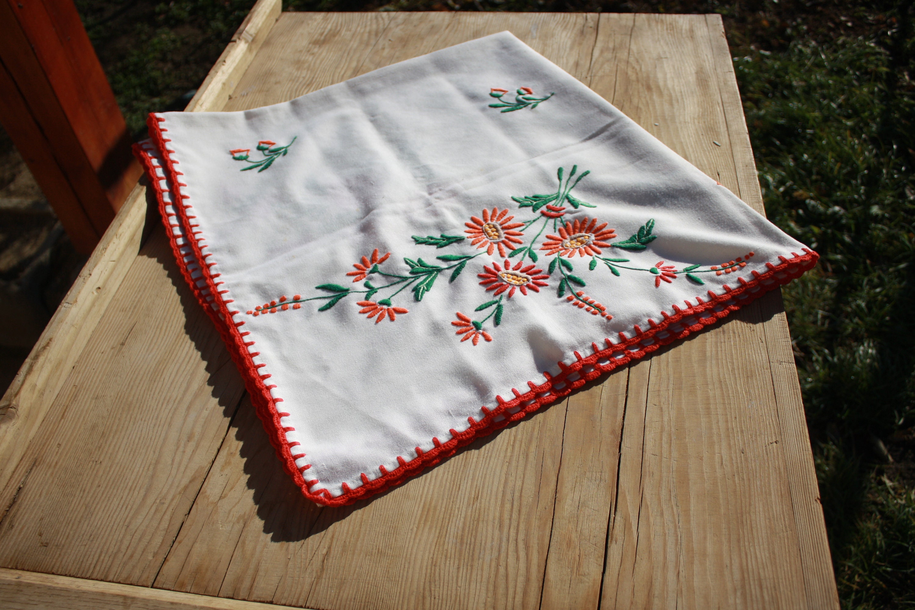 Antique Hungarian Embroidered Tablecloth: Folk Art Floral